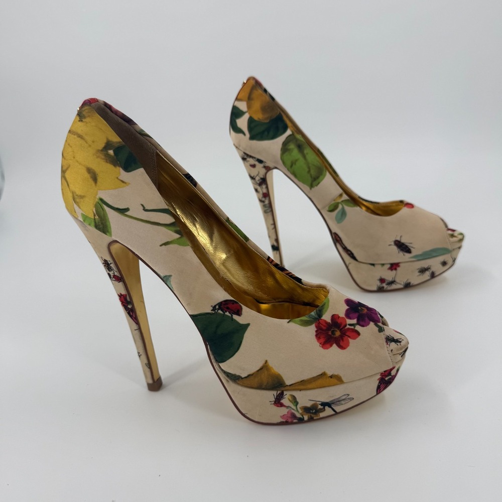 Ted Baker Carlina Platform Pumps Womens Size 6 Beige Floral Peep Toe Slip On
